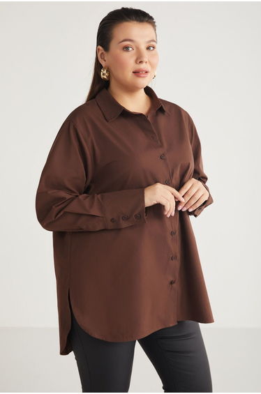 Amarabb Women's 100% Organic Cotton Oversize Fit Poplin Cuffed Brown Plus Size Shirt