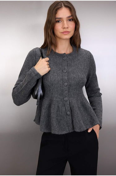 Anthracite Crew Neck Flounced Hem Knitwear Cardigan