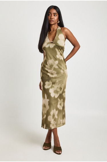 Floral Printed Mesh Plunge Front Beaded Midaxi Dress - olive