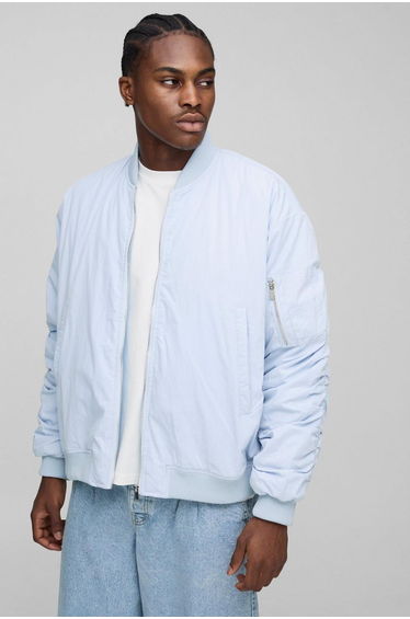 Boxy Fit Peached Embroidered MA1 Bomber Jacket - baby blue