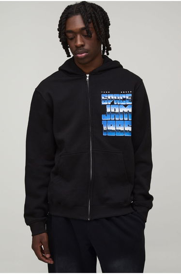 Oversized Boxy Space Jam License Zip Thru Hoodie - black
