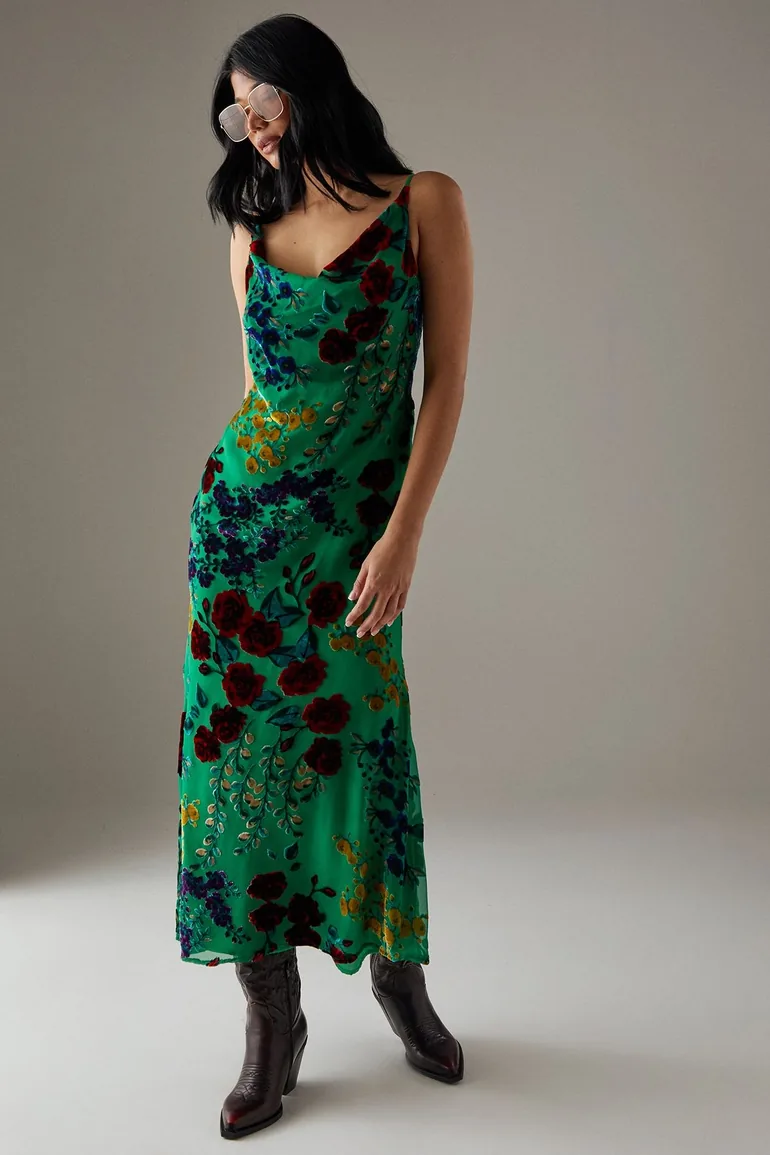 Premium Burnout Cowl Neck Strappy Midi Slip Dress