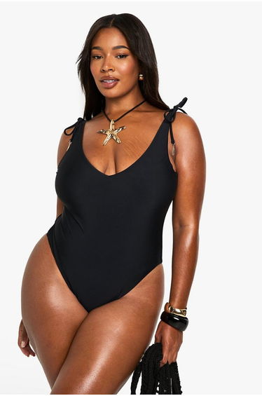 Plus Feather Charm Backless Swimsuit - black