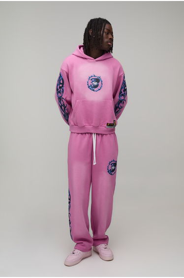 Oversized Boxy Graphic Washed Hooded Tracksuit - pink