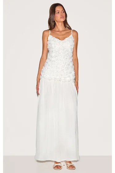 Cream Floral Dropped Waist Maxi Dress