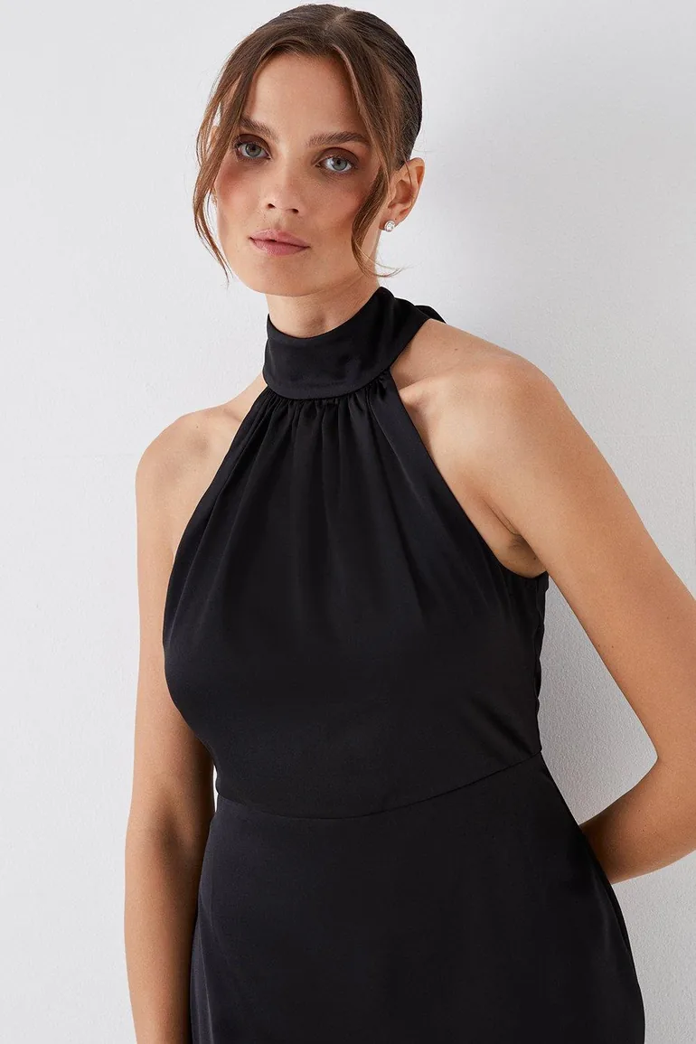 Satin Back Crepe Halter Neck Bridesmaids Dress - 3