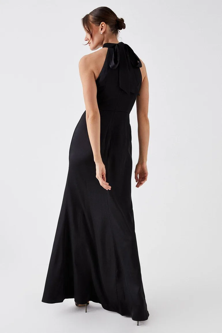 Satin Back Crepe Halter Neck Bridesmaids Dress - 2