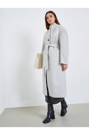 Women Grey Regular Fit Wool Like Belted Coat