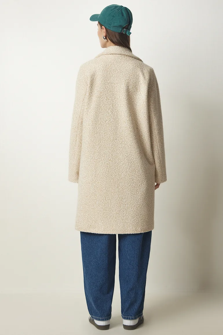Women's Cream Double Breasted Collar Pocket Boucle Coat - 6