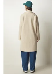 Women's Cream Double Breasted Collar Pocket Boucle Coat - 6