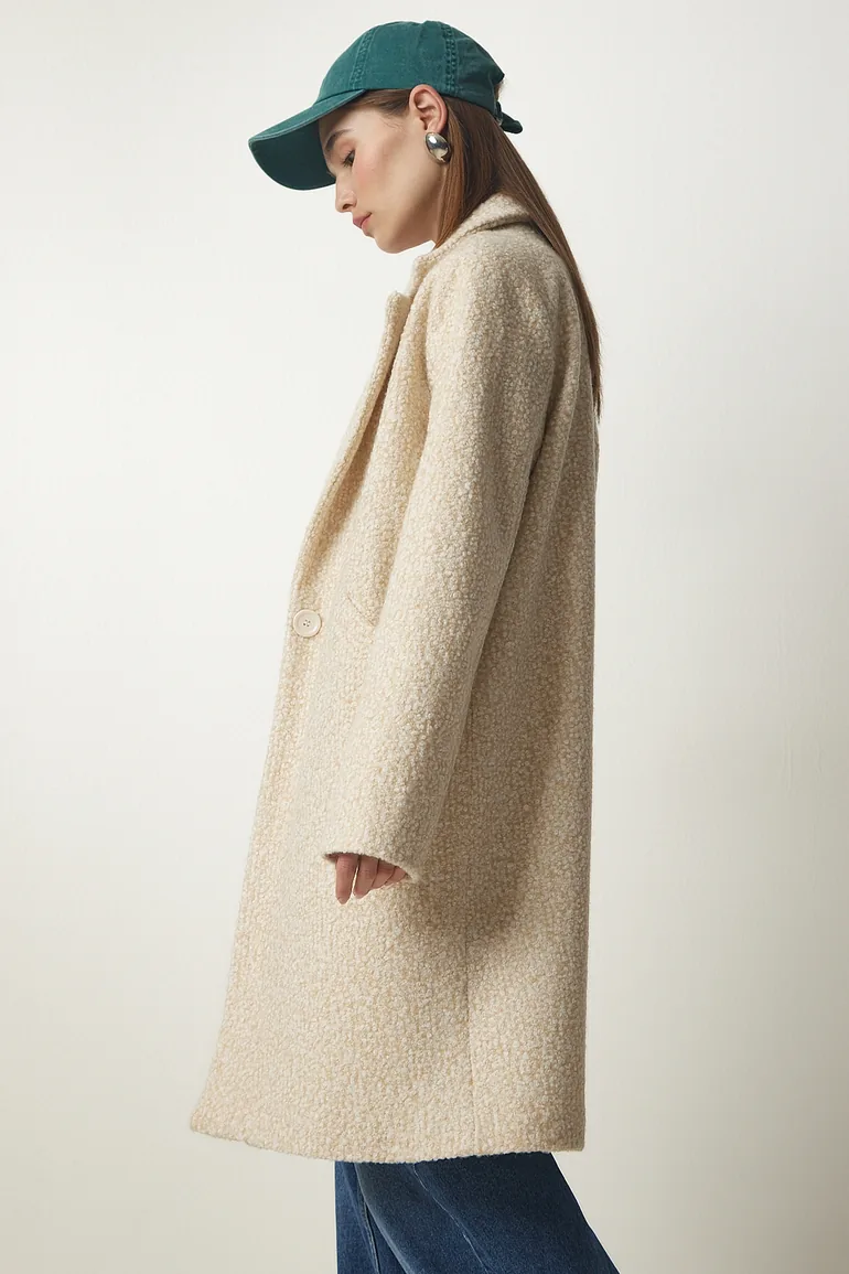 Women's Cream Double Breasted Collar Pocket Boucle Coat - 2