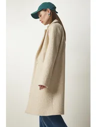 Women's Cream Double Breasted Collar Pocket Boucle Coat - 2