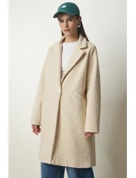 Women's Cream Double Breasted Collar Pocket Boucle Coat - 4