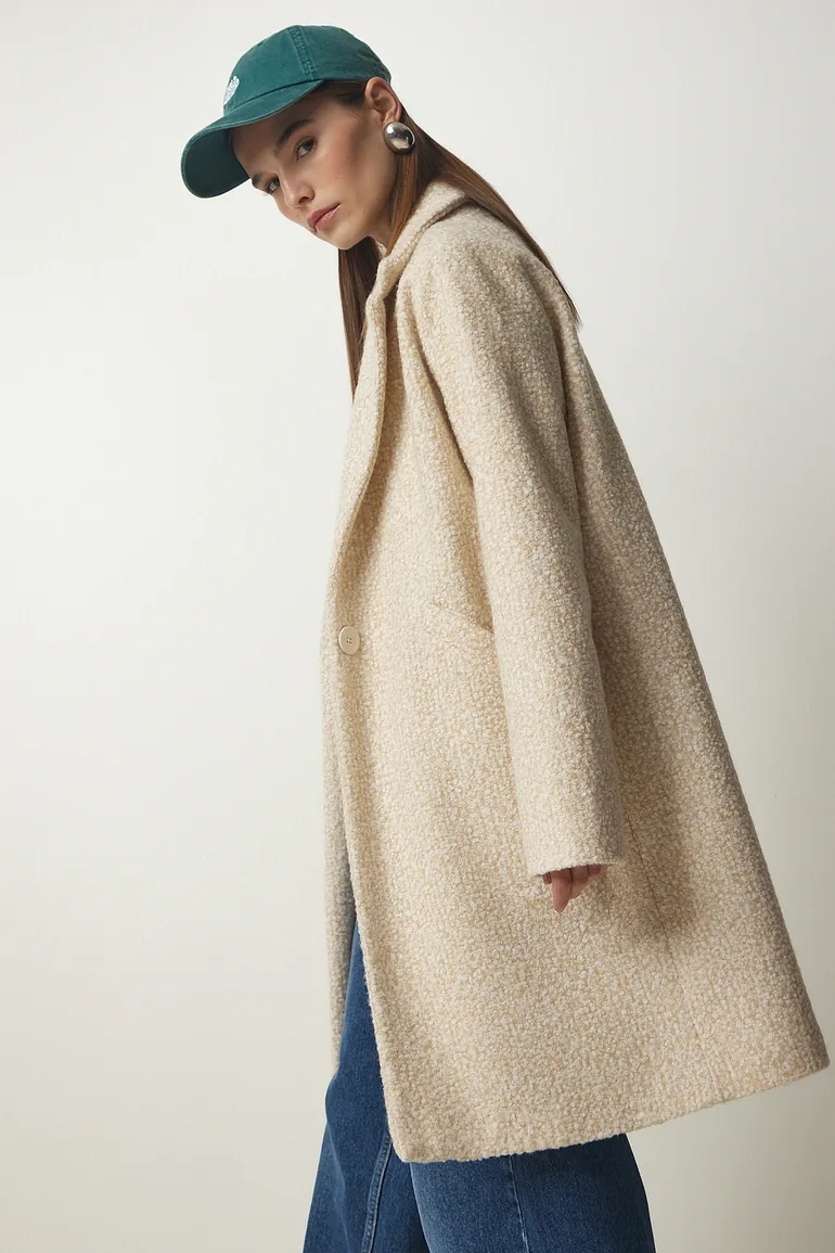 Women's Cream Double Breasted Collar Pocket Boucle Coat - 3