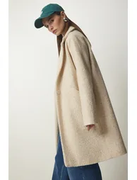 Women's Cream Double Breasted Collar Pocket Boucle Coat - 3