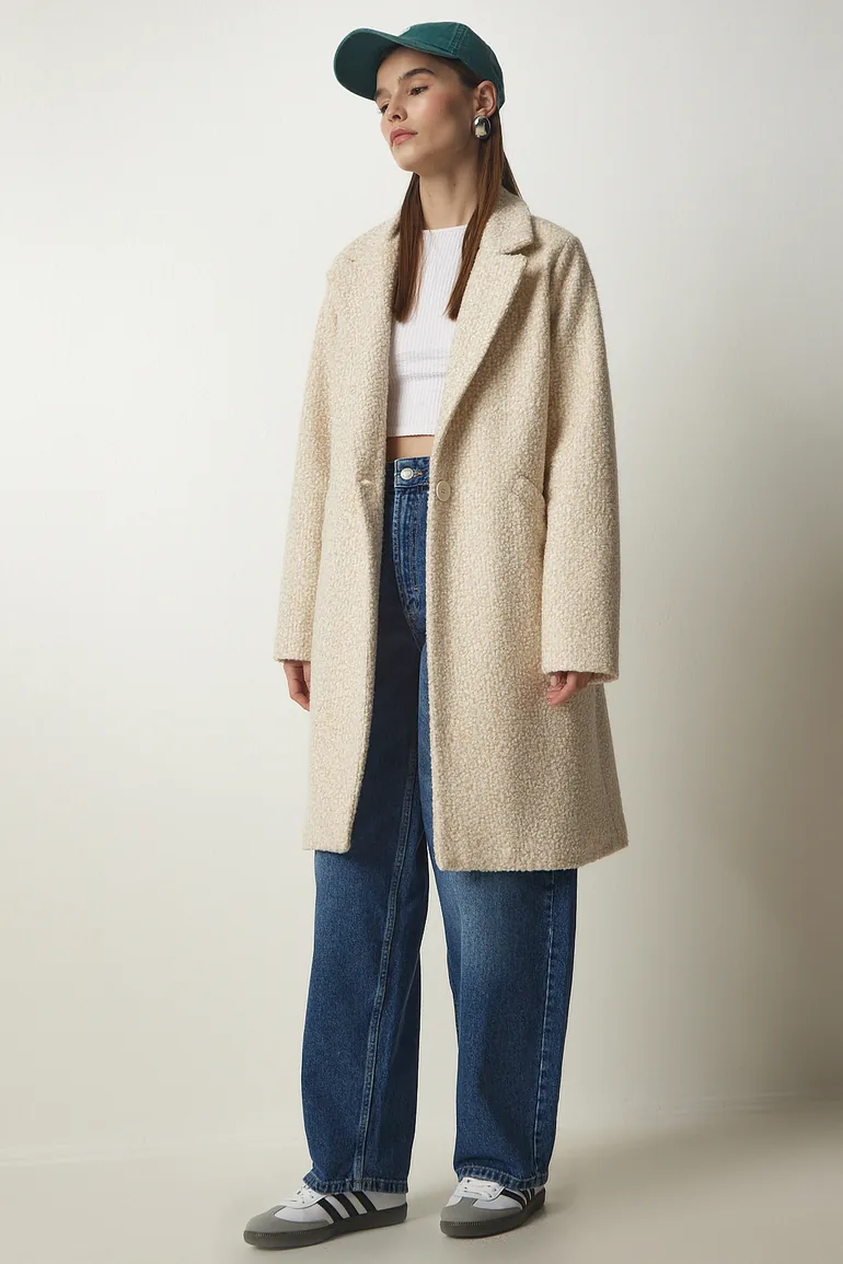 Women's Cream Double Breasted Collar Pocket Boucle Coat