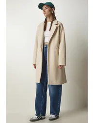 Women's Cream Double Breasted Collar Pocket Boucle Coat