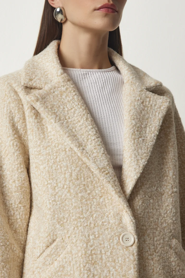 Women's Cream Double Breasted Collar Pocket Boucle Coat - 5