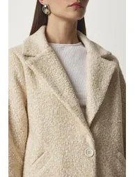 Women's Cream Double Breasted Collar Pocket Boucle Coat - 5