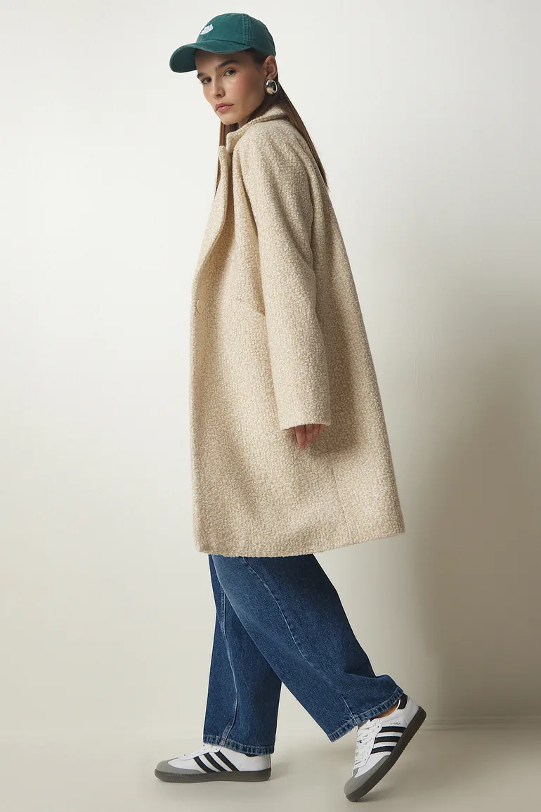 Women's Cream Double Breasted Collar Pocket Boucle Coat - 1
