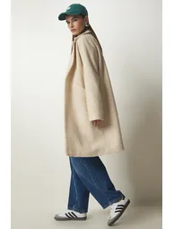 Women's Cream Double Breasted Collar Pocket Boucle Coat - 1