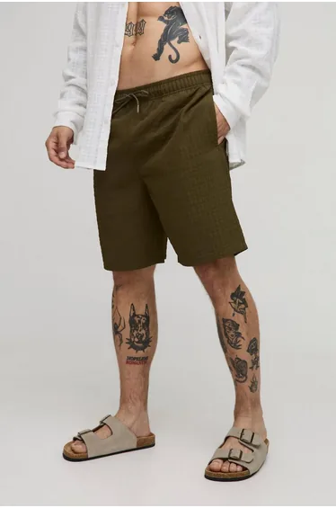 Long Length Seersucker Check Swim Short