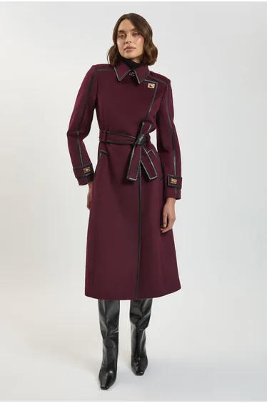 Brushed Wool Pu Trim Belted Tailored Double Breasted Midi Coat