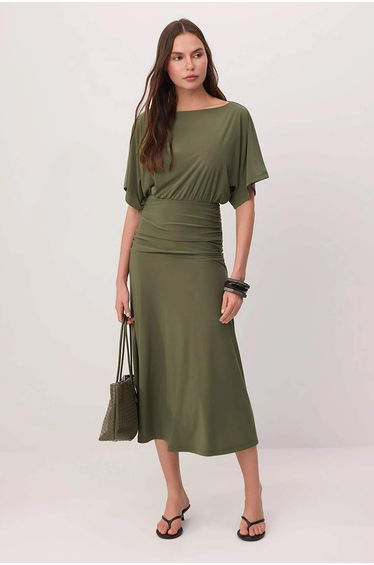Khaki Waist Opening Boat Neck Batwing Sleeve Short Sleeve Stretch Knitted Dress