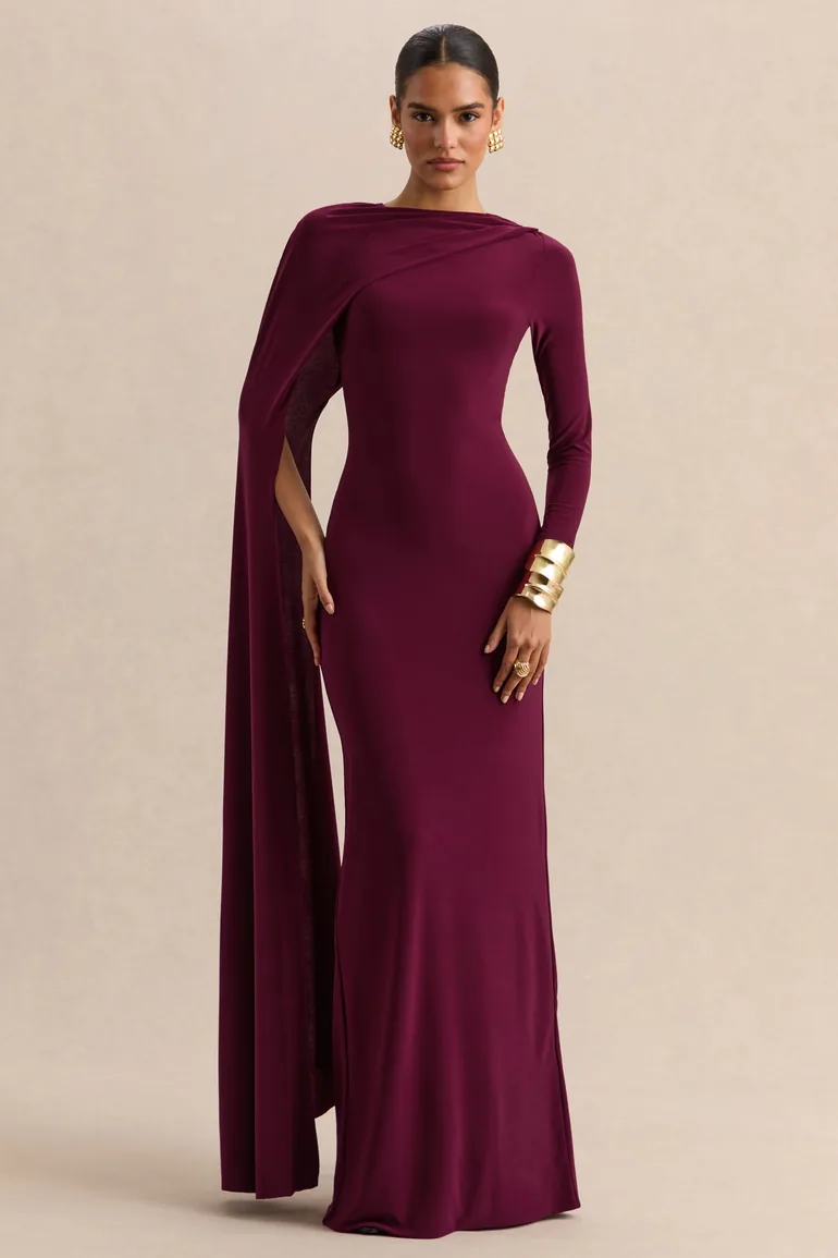 Halina | Burgundy High-Neck Maxi Dress With Cape-Sleeve