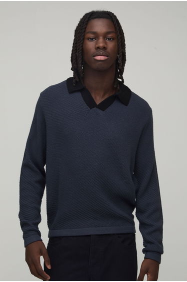 Regular Boxy Fit Revere Knitted Long Sleeve Polo - charcoal