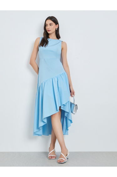 Blue Sleeveless Ruffle Hem Midi Dress