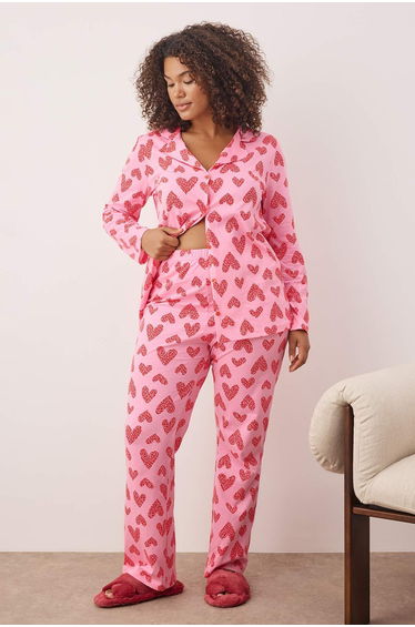 Pink 100% Cotton Heart & Leopard Patterned Shirt-Pants Knitted Pajama Set