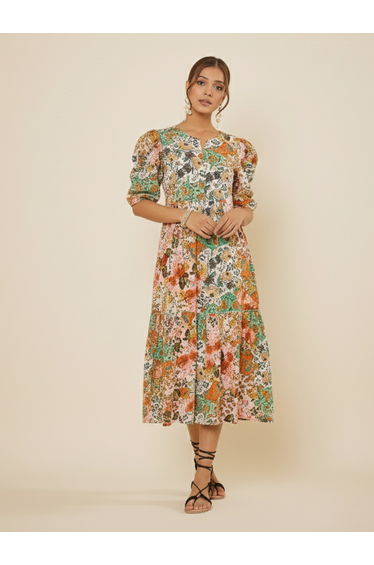Women All Over Print Tiered Midi Dress
