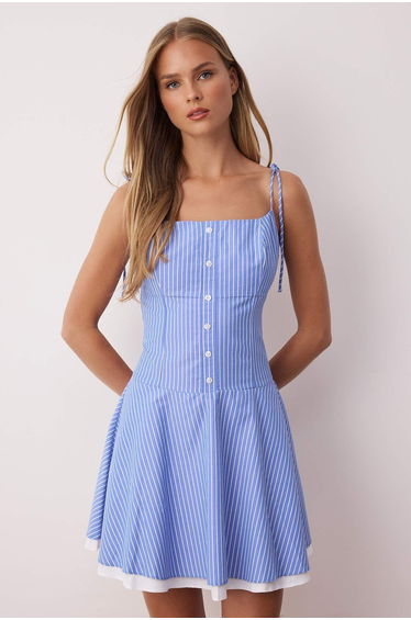 Blue Striped Waist Open Woven Mini Dress