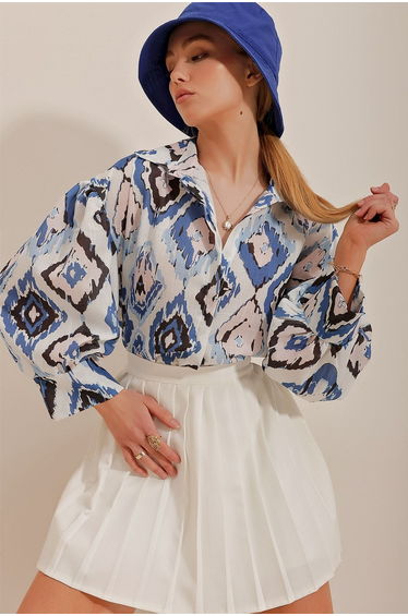 Women's Indigo Princess Ethnic Patterned Flamed Linen Woven Shirt