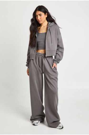 Tall Deep Hem Crop Top 3 Piece Hooded Tracksuit - charcoal