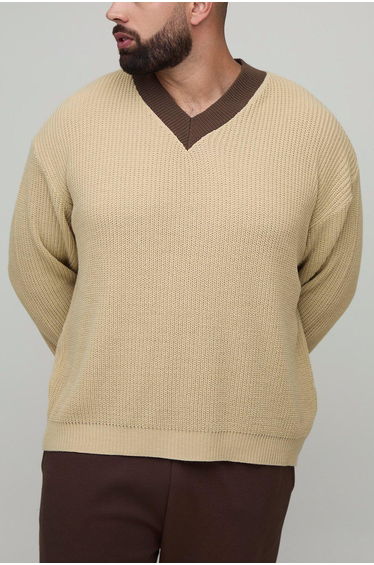 Plus Oversized Knitted Contrast V-Neck Jumper - ecru