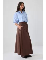 Brown Unlined Plain Woven Button Detailed Hijab Skirt - 1