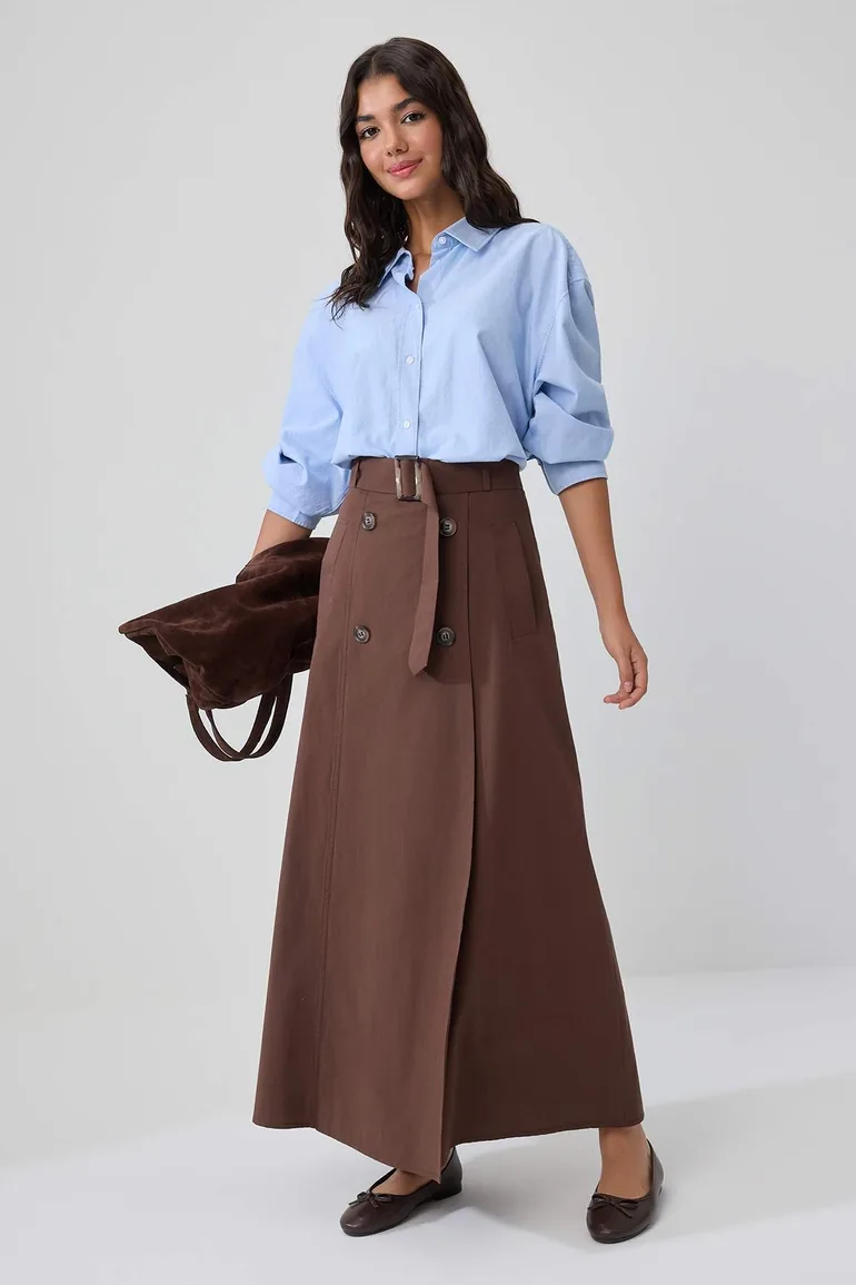Brown Unlined Plain Woven Button Detailed Hijab Skirt