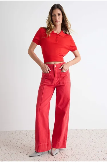 Red Pocket Detailed High Waist Wide Leg Jeans