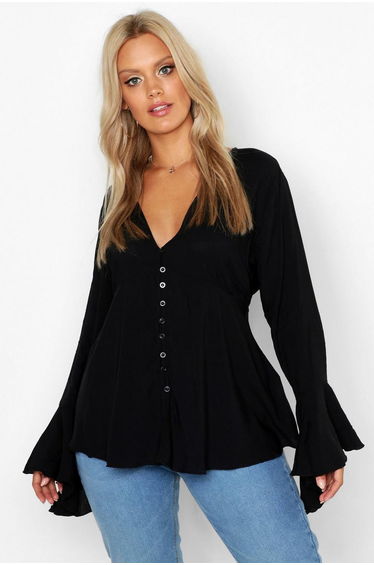 Plus Button Detail Plunge Flare Sleeve Blouse - black
