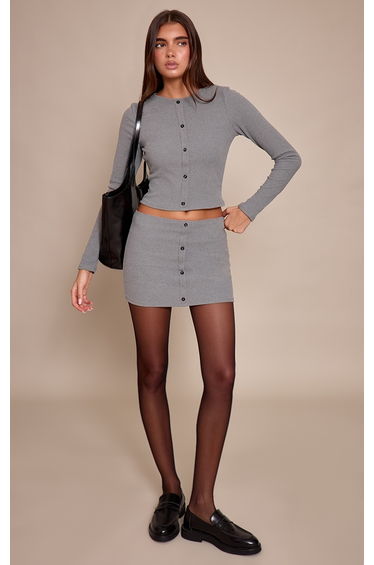 Grey Brushed Rib Button Through Mini Skirt