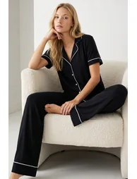 Black 100% Cotton Ribbed Knitted Pajamas Set - 4