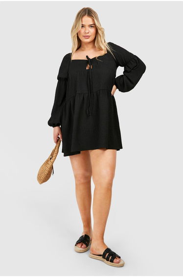 Plus Textured Tiered Smock Dress - black