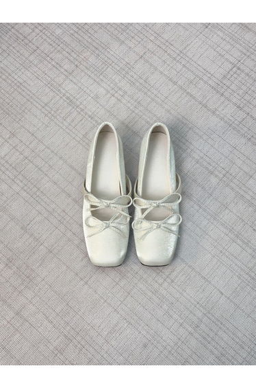 Women Beige Square Toe Bow Detail Ballerina Shoes
