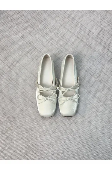 Women Beige Square Toe Bow Detail Ballerina Shoes