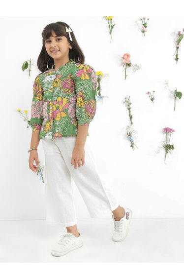 Girls Green Floral Print Shirt with Trousers Set
