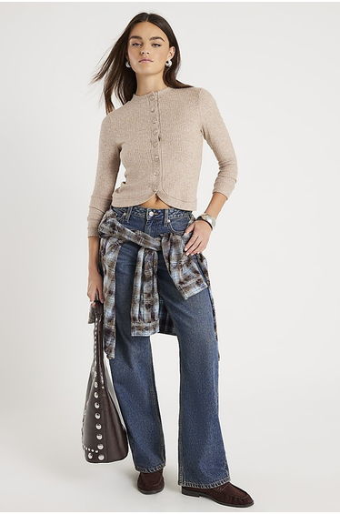 Beige Long Sleeve Curved Hem Top