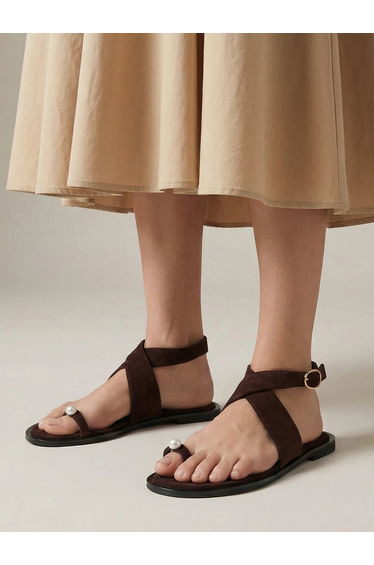 Coffee Brown Ankle Strap Flat Sandals