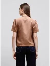 Brown Satin Short Sleeve Blouse - 3